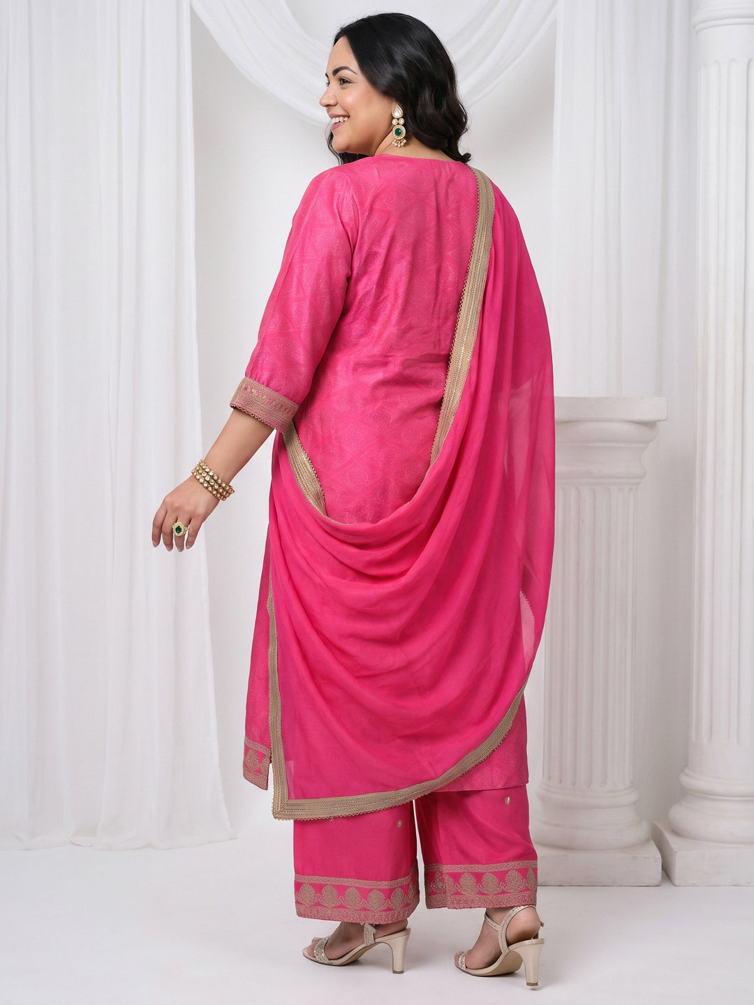  Plus Size Pink Bandhani Printed Silk Blend Palazzo Suit Set 