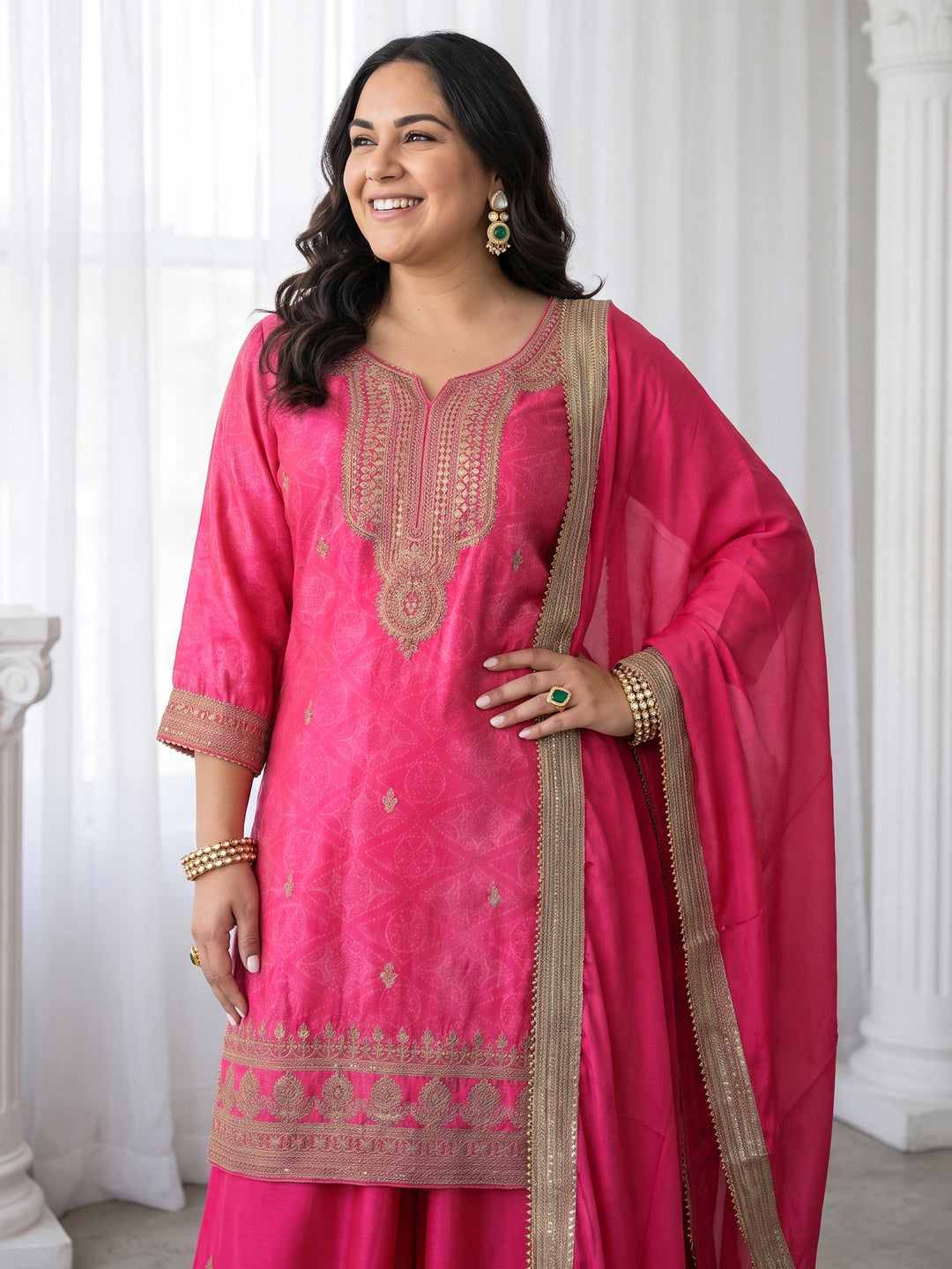  Plus Size Pink Bandhani Printed Silk Blend Palazzo Suit Set 