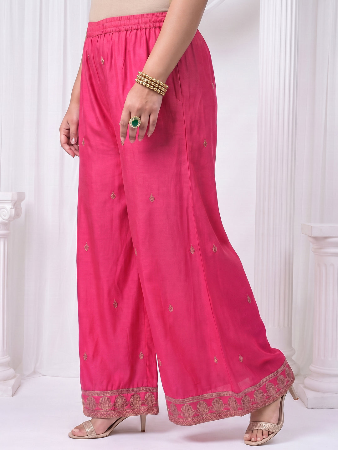 Plus Size Pink Bandhani Printed Silk Blend Palazzo Suit Set 