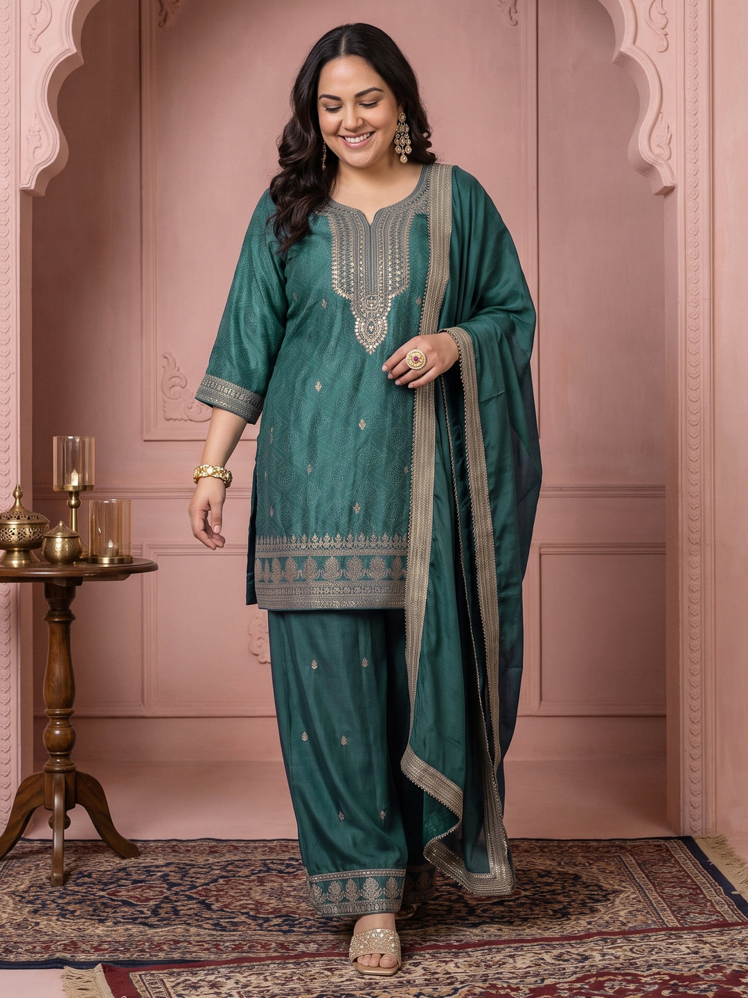  Plus Size Green Bandhani Printed Silk Blend Palazzo Suit Set 