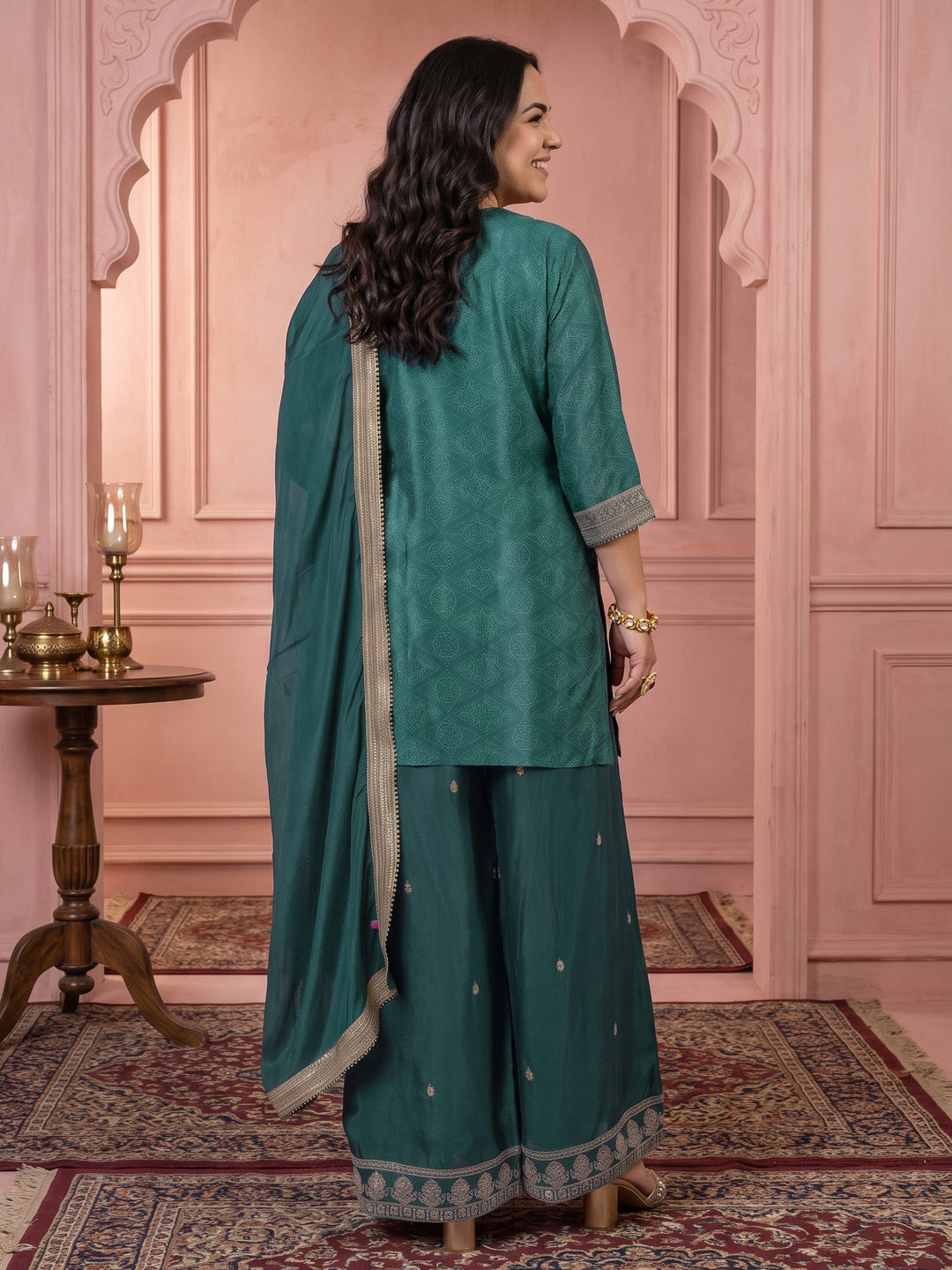  Plus Size Green Bandhani Printed Silk Blend Palazzo Suit Set 