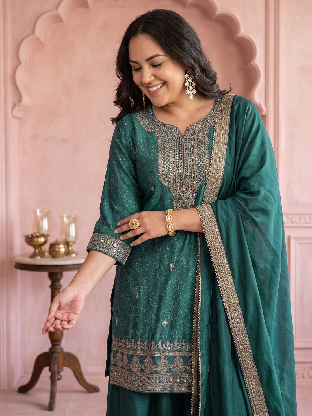  Plus Size Green Bandhani Printed Silk Blend Palazzo Suit Set 