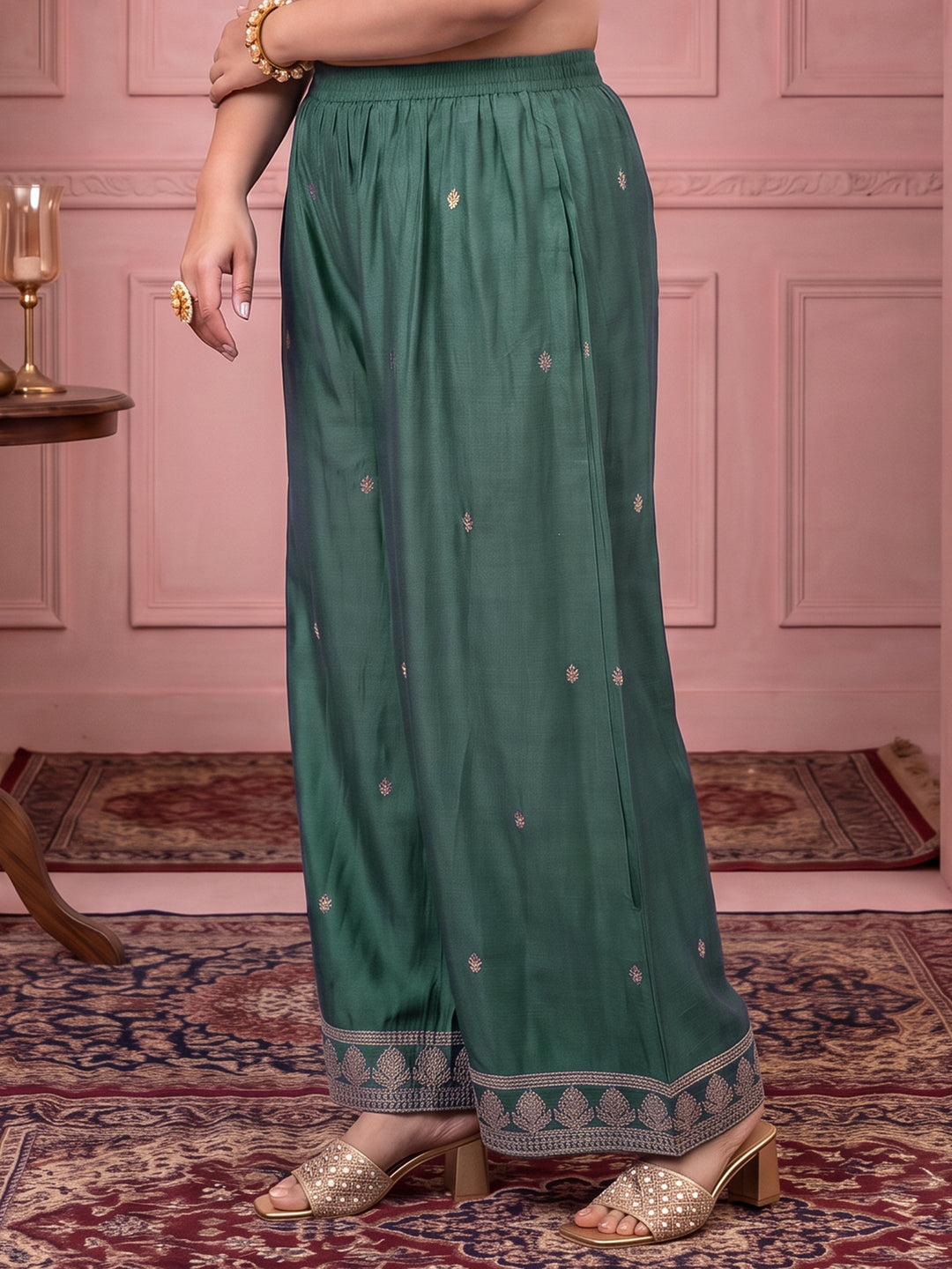  Plus Size Green Bandhani Printed Silk Blend Palazzo Suit Set 