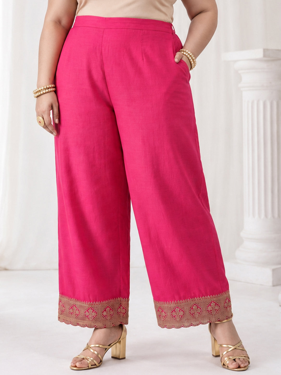  Plus Size Pink Ethnic Embroidered Chinon Palazzo Suit Set 