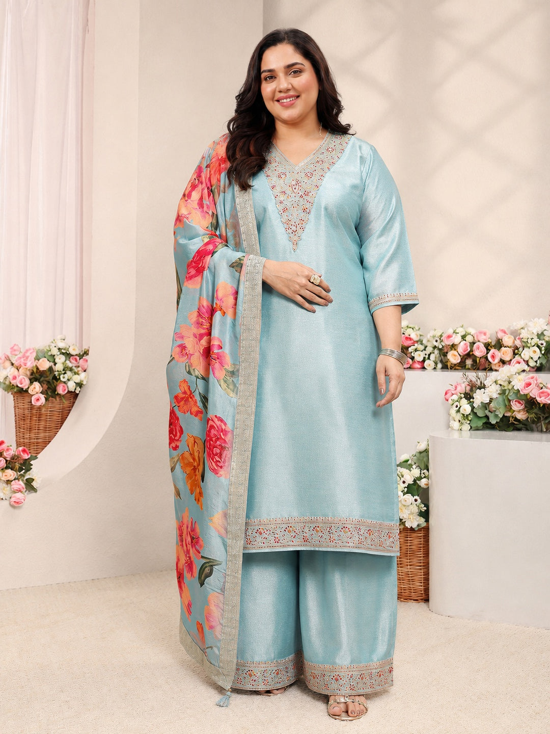  Plus Size Blue Yoke Design Silk Blend Straight Suit Set 