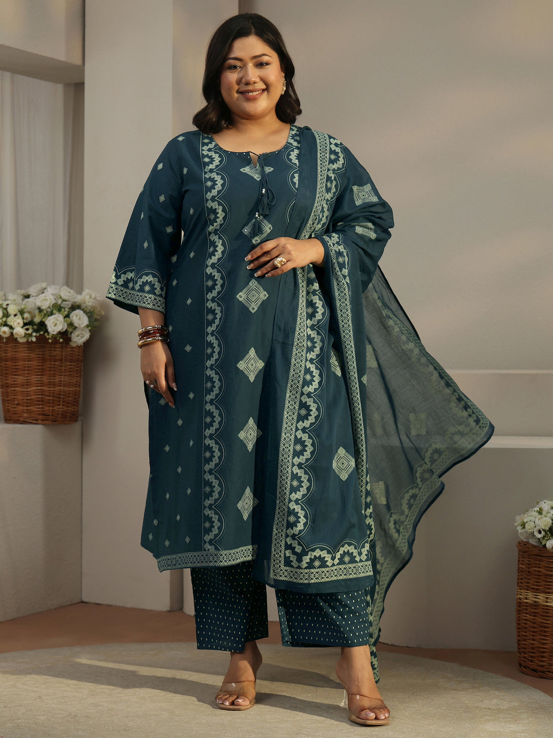  Plus Size Midnight Blue Printed Cotton A-line Suit Set 