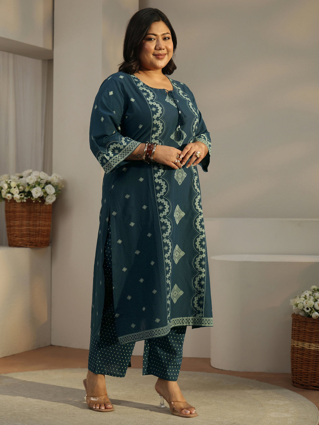  Plus Size Midnight Blue Printed Cotton A-line Suit Set 