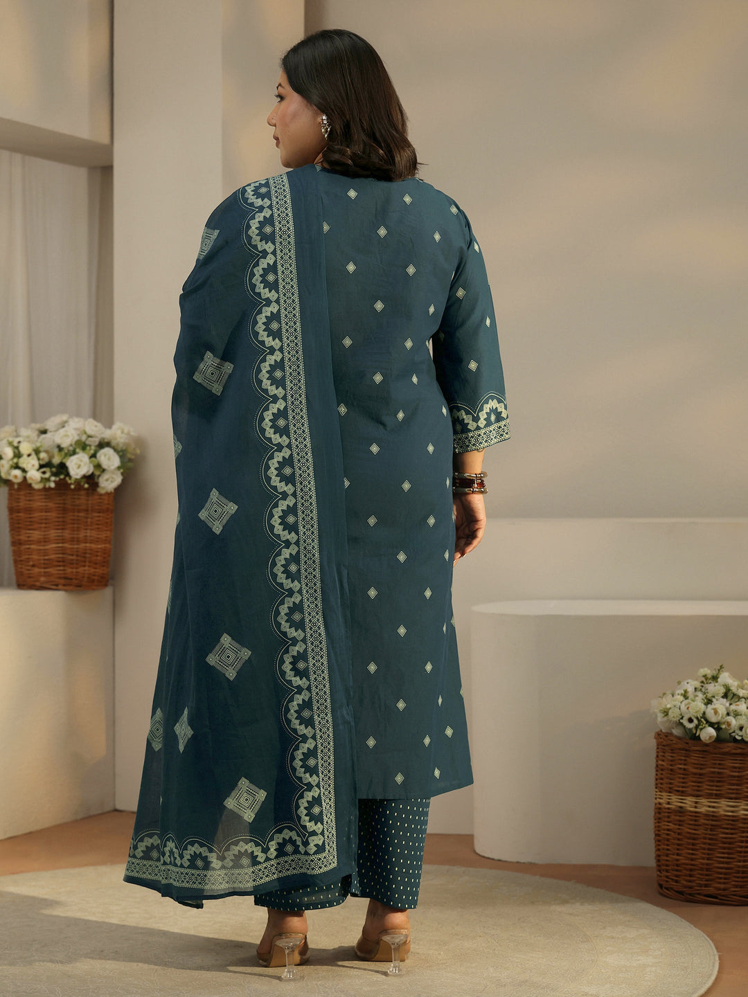  Plus Size Midnight Blue Printed Cotton A-line Suit Set 