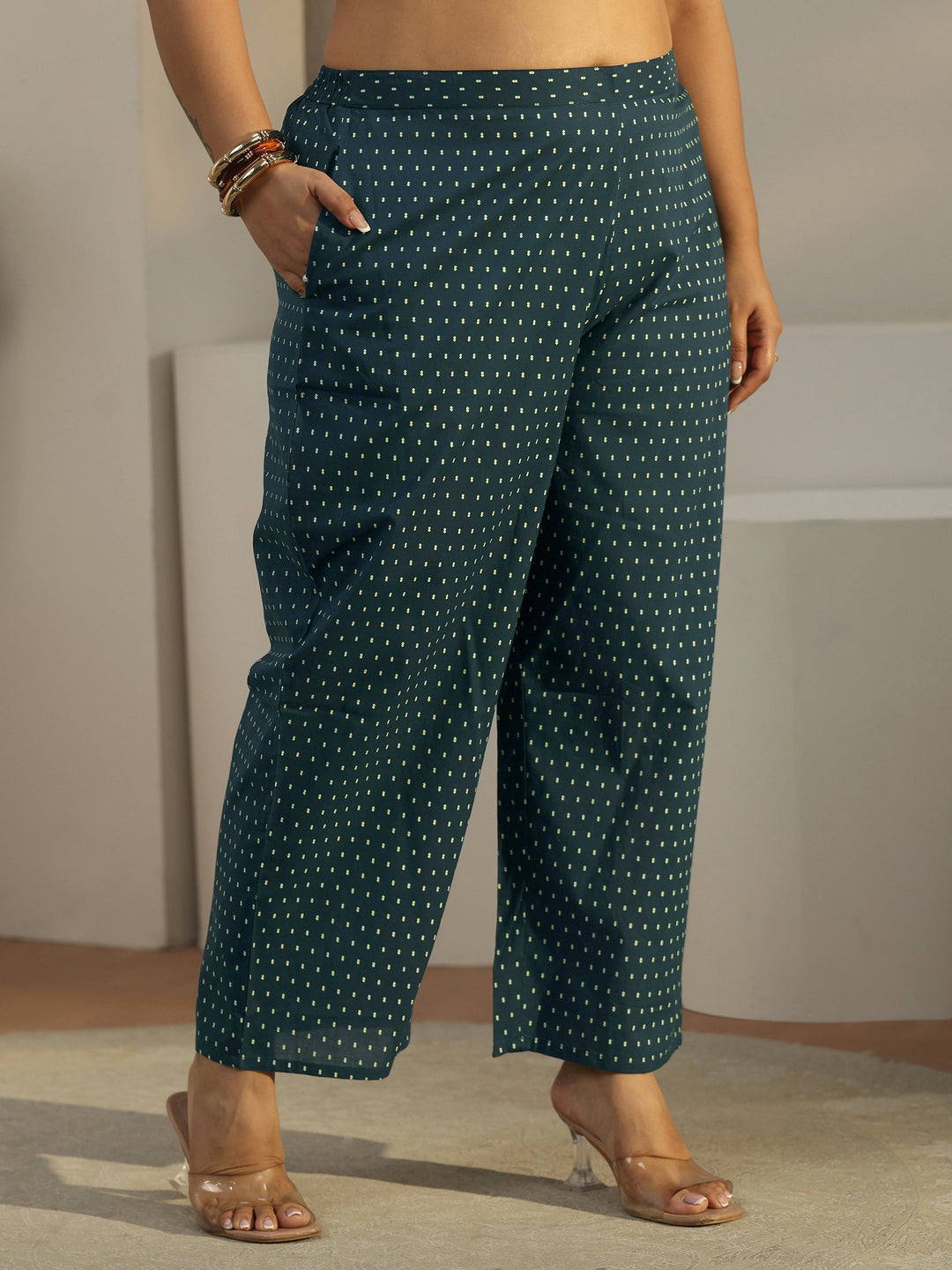 Plus Size Midnight Blue Printed Cotton A-line Suit Set 