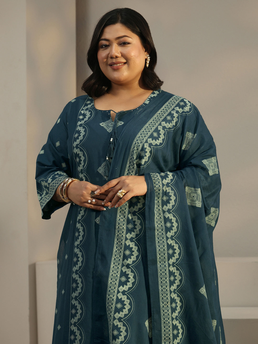  Plus Size Midnight Blue Printed Cotton A-line Suit Set 