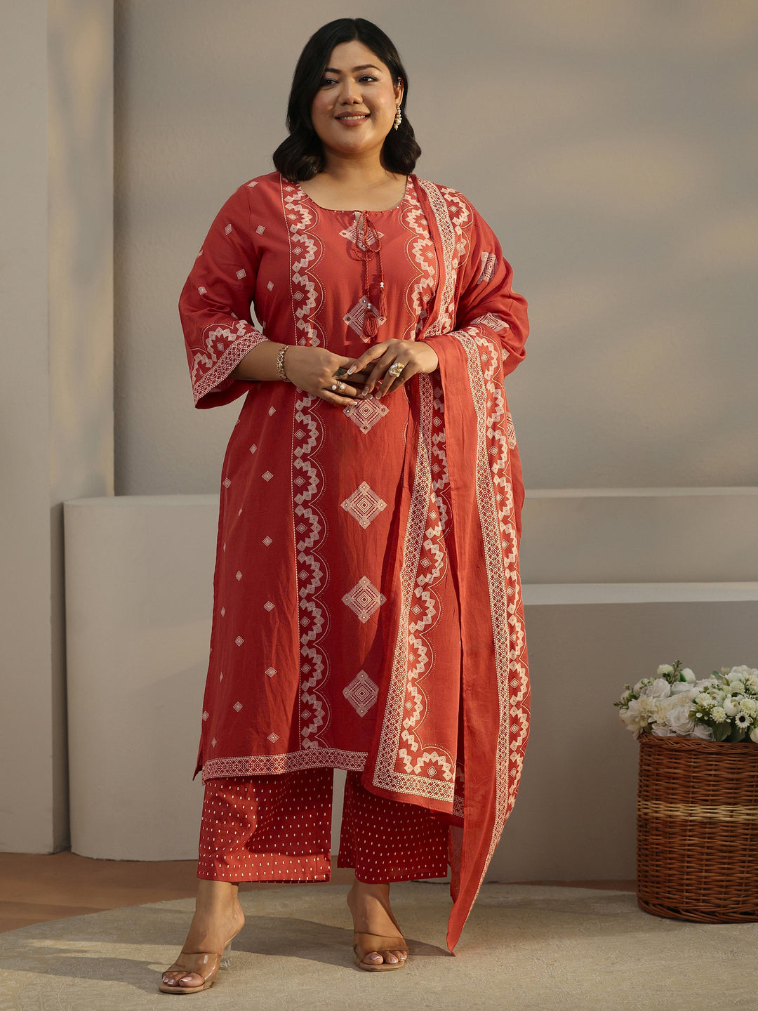  Plus Size Rust Brown Printed Cotton A-line Suit Set 
