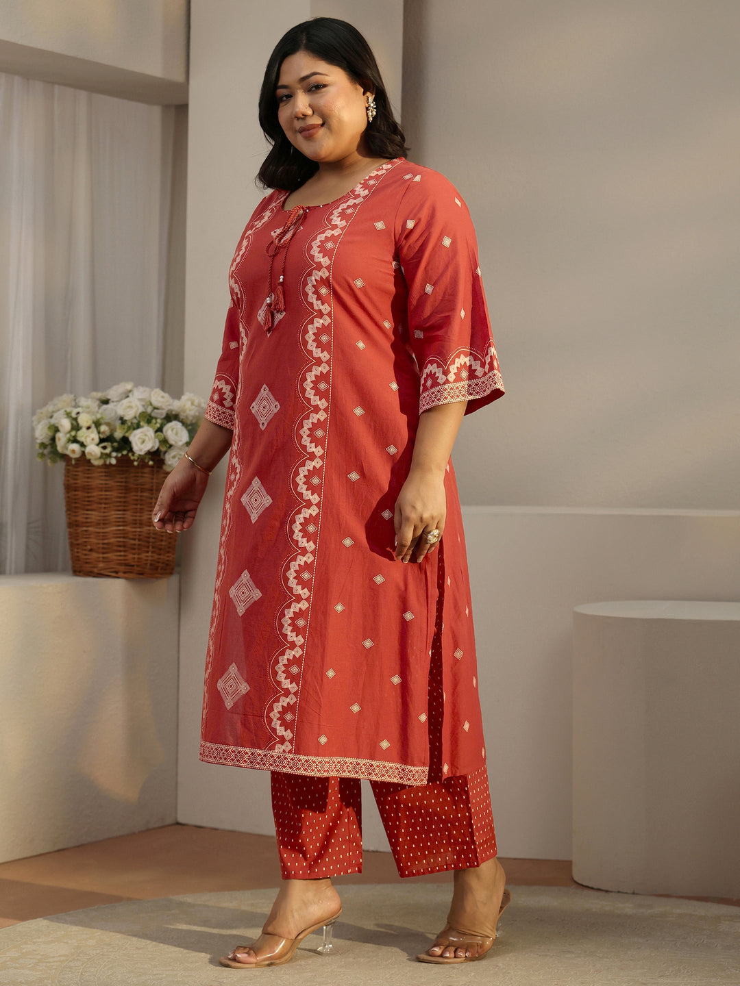 Plus Size Rust Brown Printed Cotton A-line Suit Set 