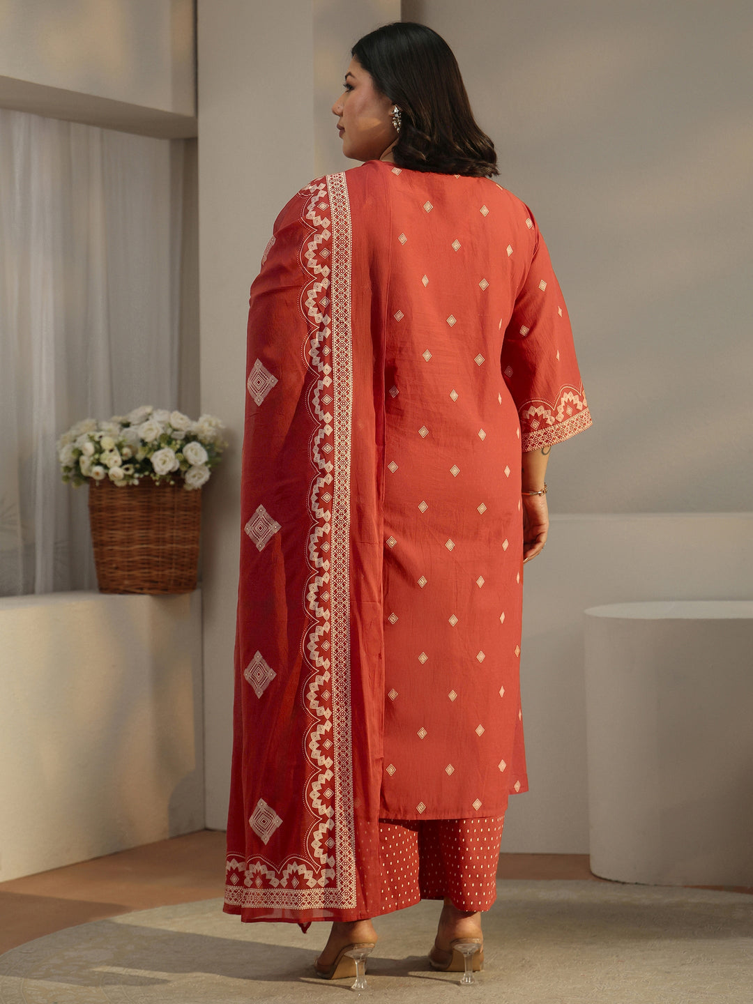  Plus Size Rust Brown Printed Cotton A-line Suit Set 