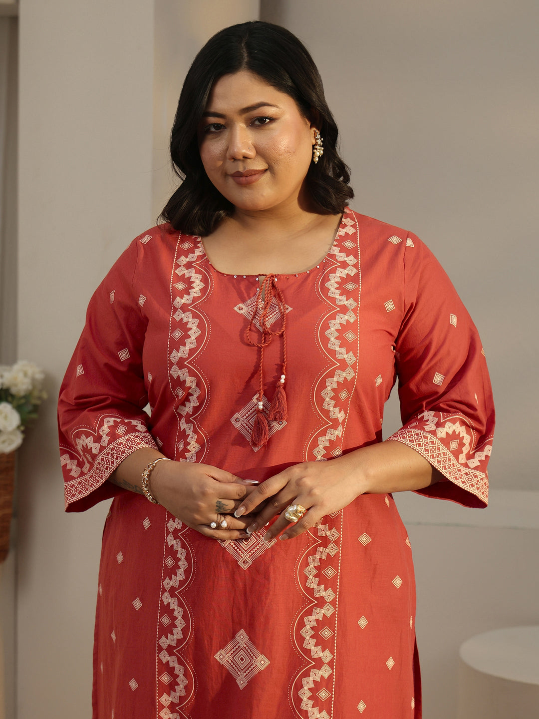  Plus Size Rust Brown Printed Cotton A-line Suit Set 