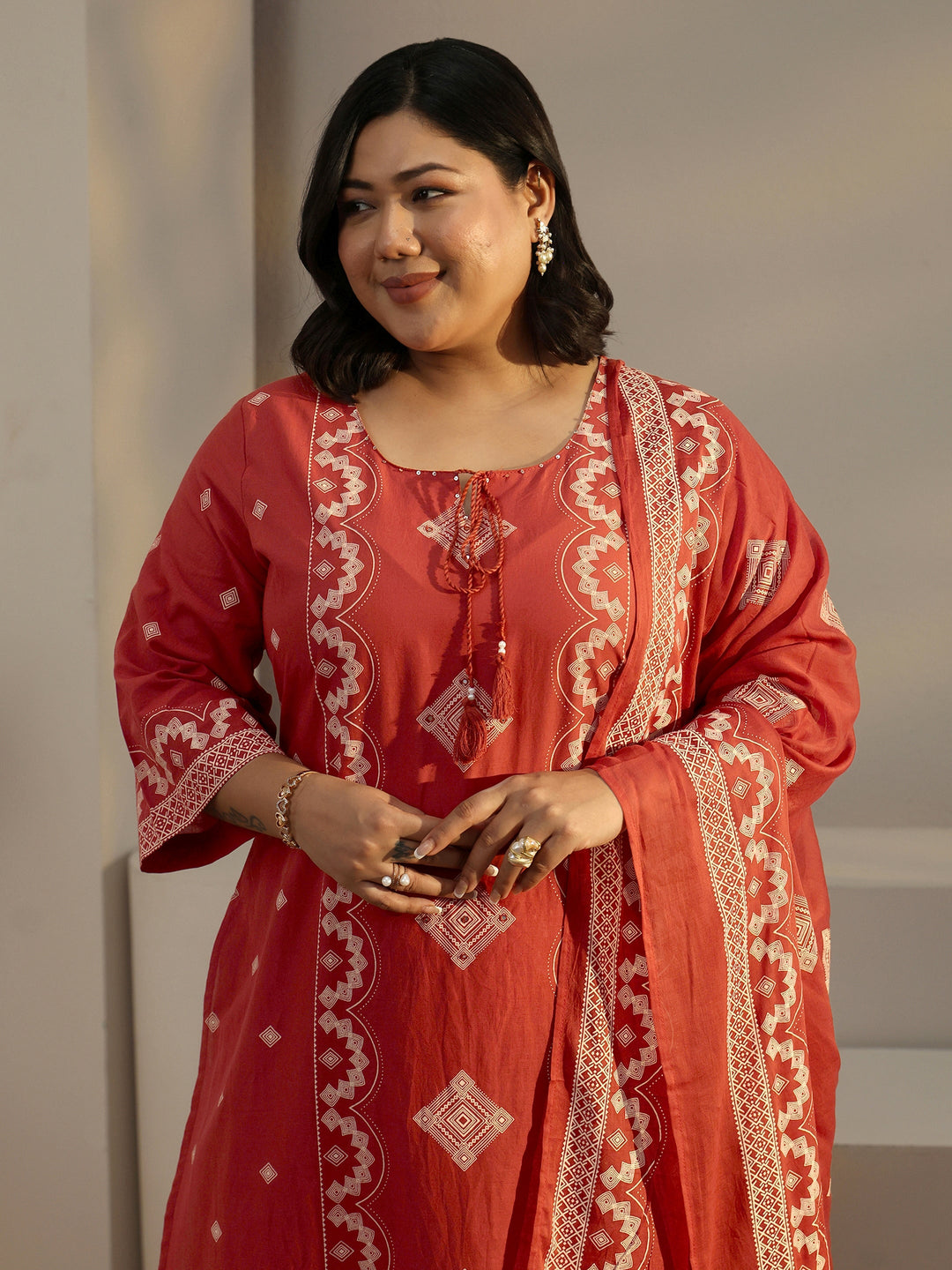  Plus Size Rust Brown Printed Cotton A-line Suit Set 
