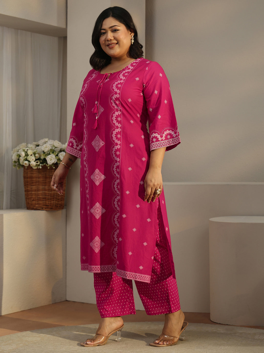  Plus Size Rose Pink Printed Cotton A-line Suit Set 