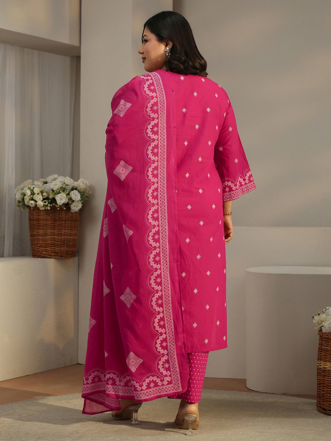  Plus Size Rose Pink Printed Cotton A-line Suit Set 