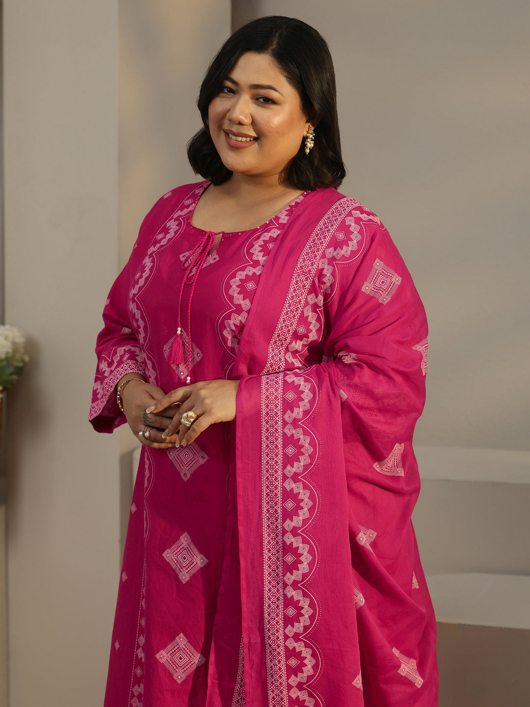  Plus Size Rose Pink Printed Cotton A-line Suit Set 