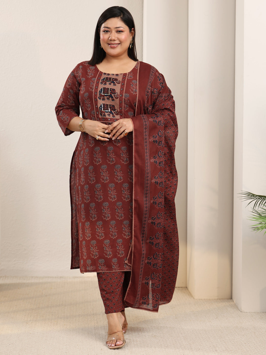  Plus Size Rust Brown Ajrakh-Inspired Cotton Straight Suit Set 