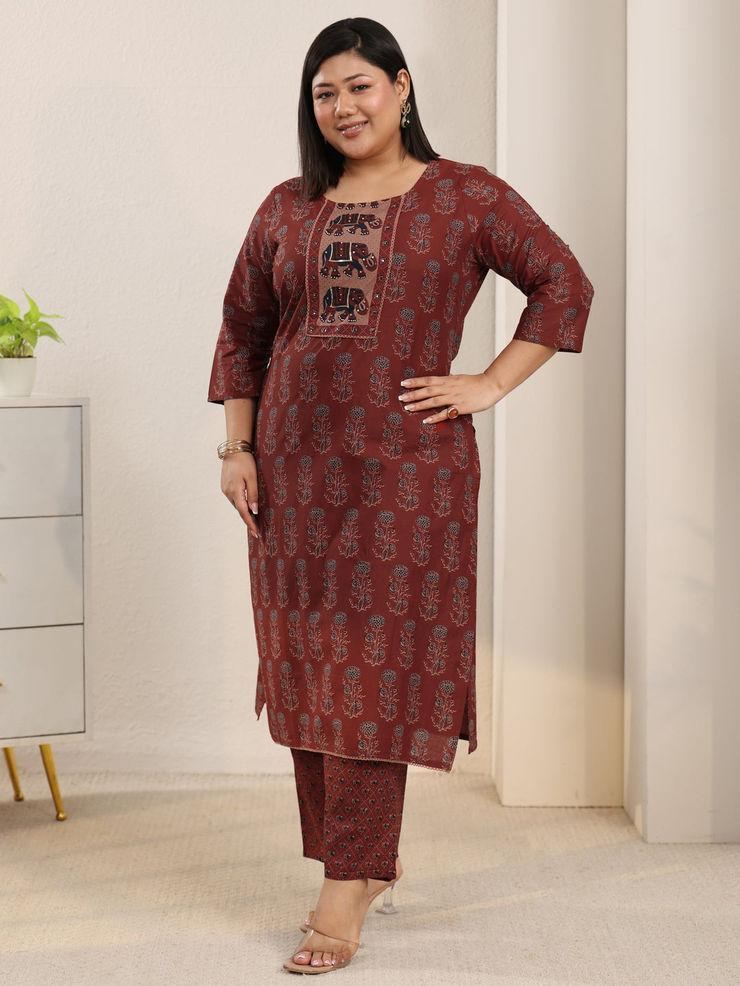  Plus Size Rust Brown Ajrakh-Inspired Cotton Straight Suit Set 