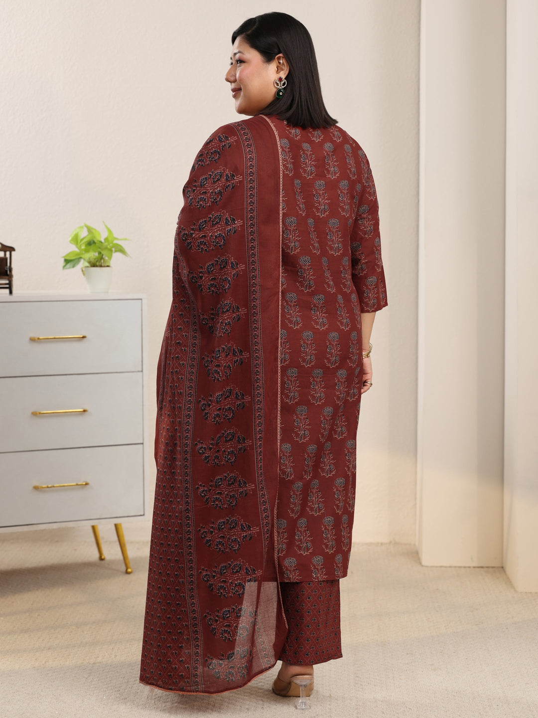  Plus Size Rust Brown Ajrakh-Inspired Cotton Straight Suit Set 