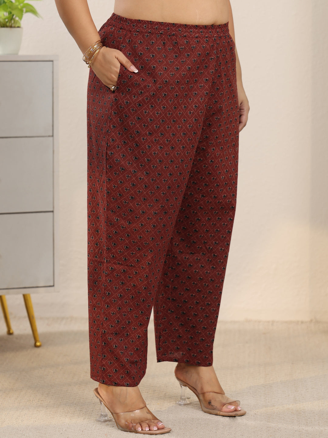  Plus Size Rust Brown Ajrakh-Inspired Cotton Straight Suit Set 
