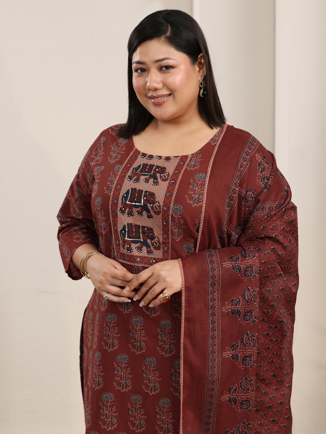  Plus Size Rust Brown Ajrakh-Inspired Cotton Straight Suit Set 