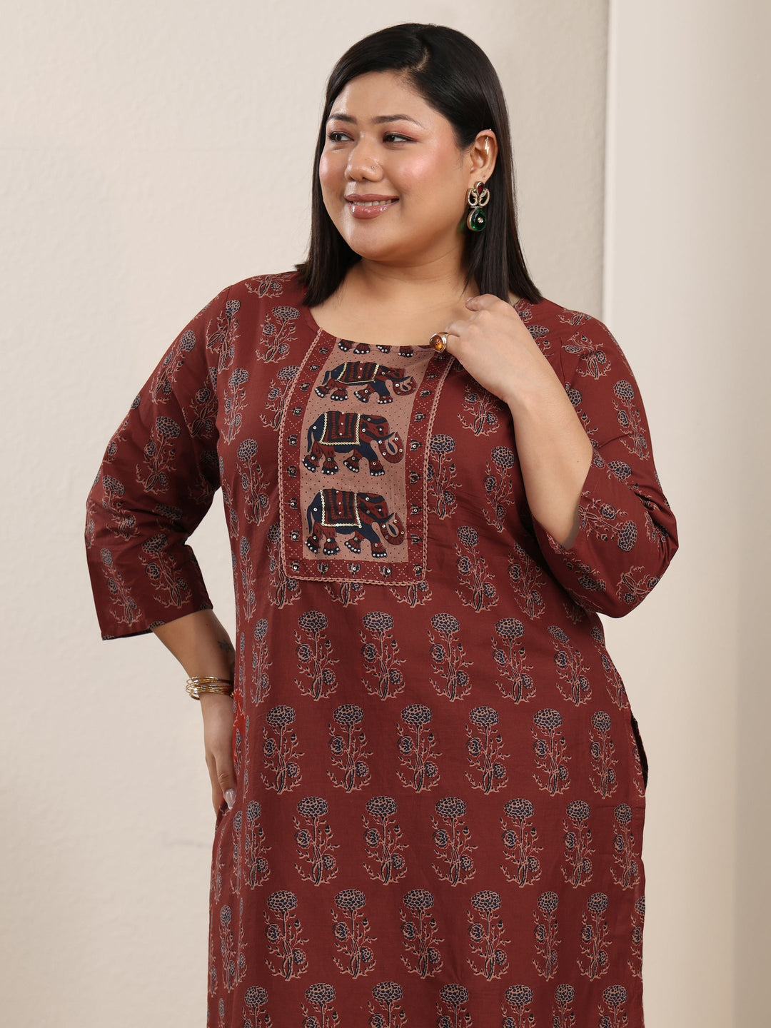  Plus Size Rust Brown Ajrakh-Inspired Cotton Straight Suit Set 