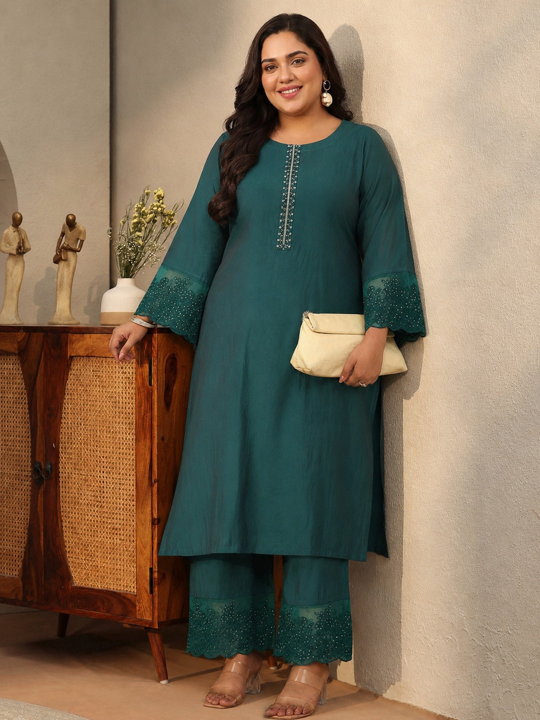  Plus Size Blue Solid Silk Blend Straight Suit Set 