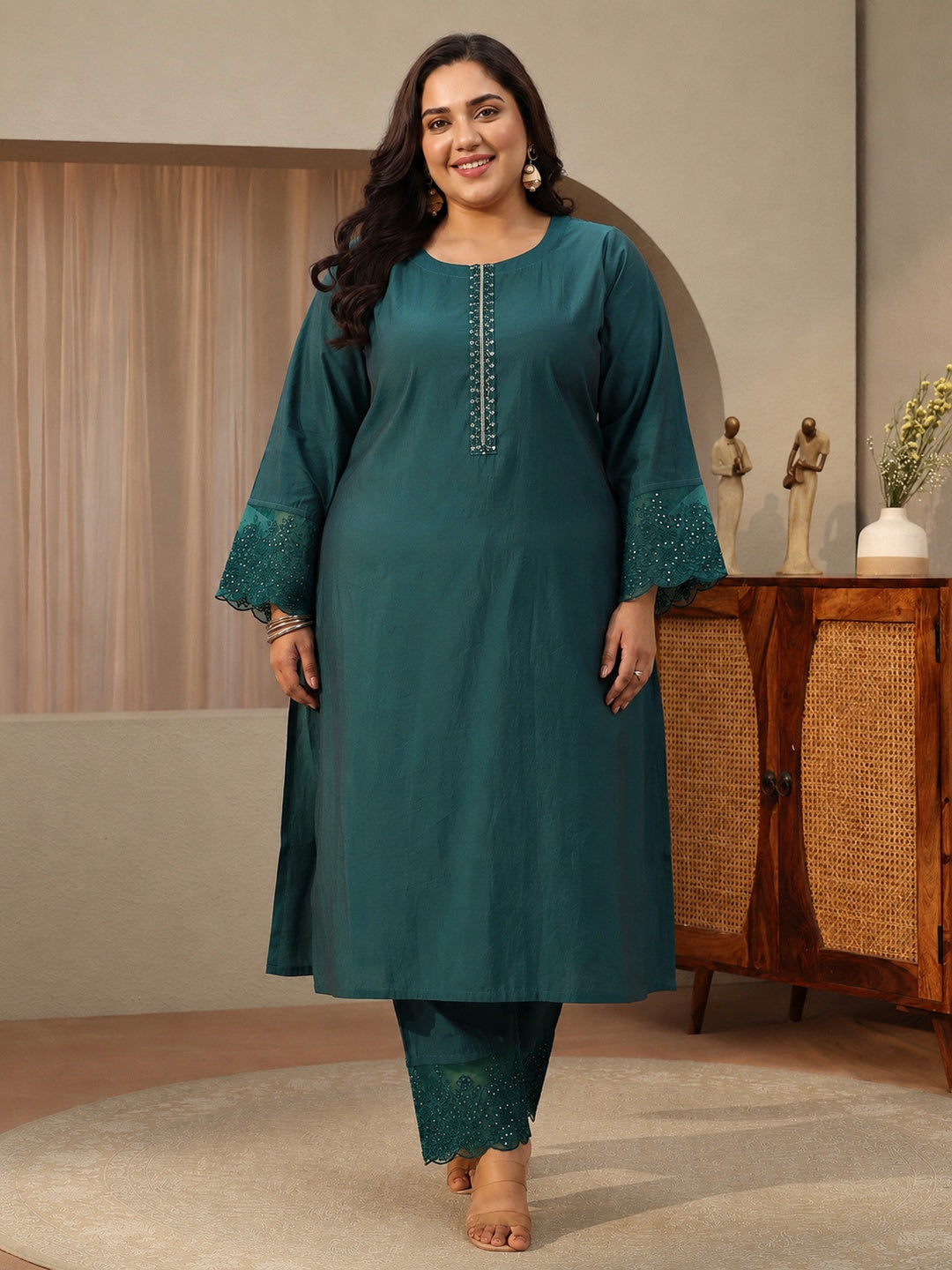  Plus Size Blue Solid Silk Blend Straight Suit Set 