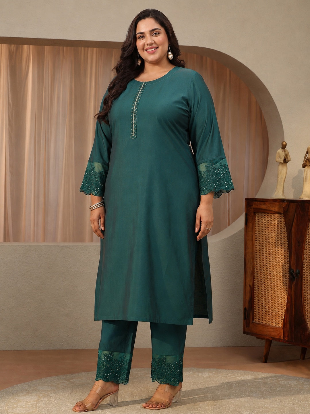  Plus Size Blue Solid Silk Blend Straight Suit Set 