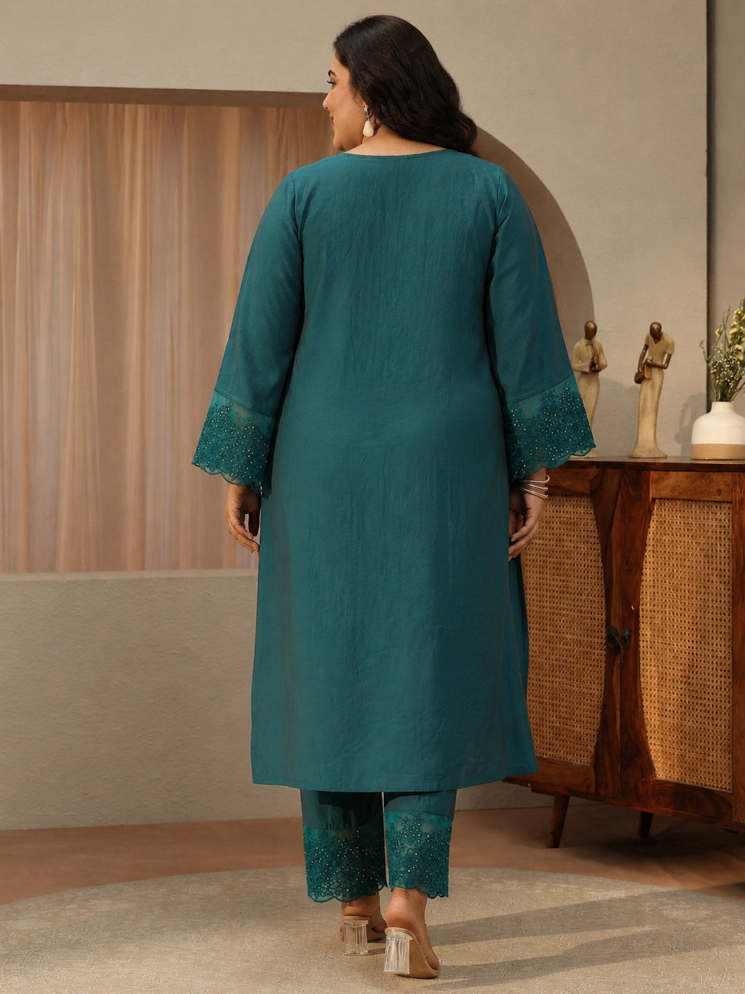  Plus Size Blue Solid Silk Blend Straight Suit Set 