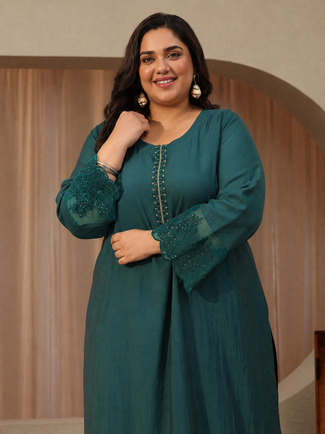  Plus Size Blue Solid Silk Blend Straight Suit Set 