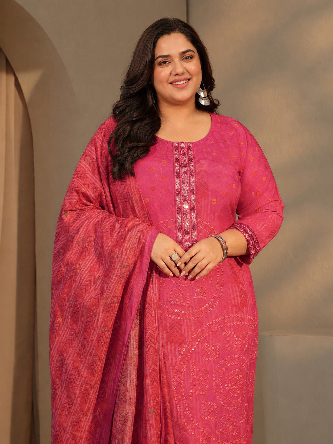  Plus Size Pink Bandhani Print Straight Cotton Suit Set 