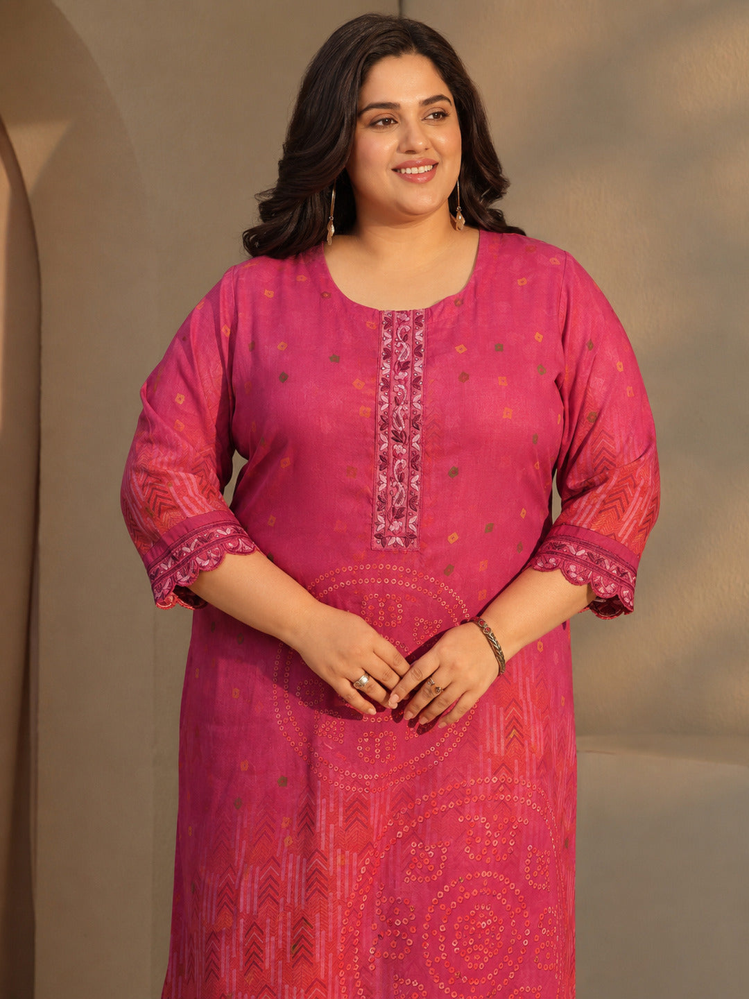  Plus Size Pink Bandhani Print Straight Cotton Suit Set 
