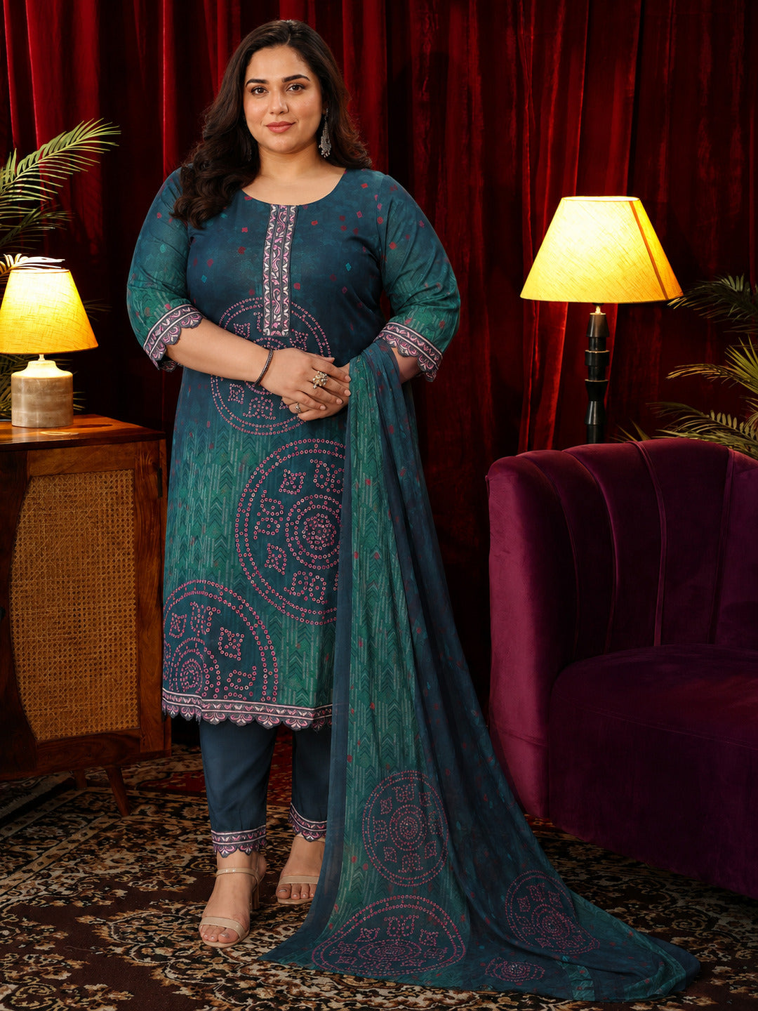  Plus Size Green Cotton Printed Straight Suit With Dupatta 