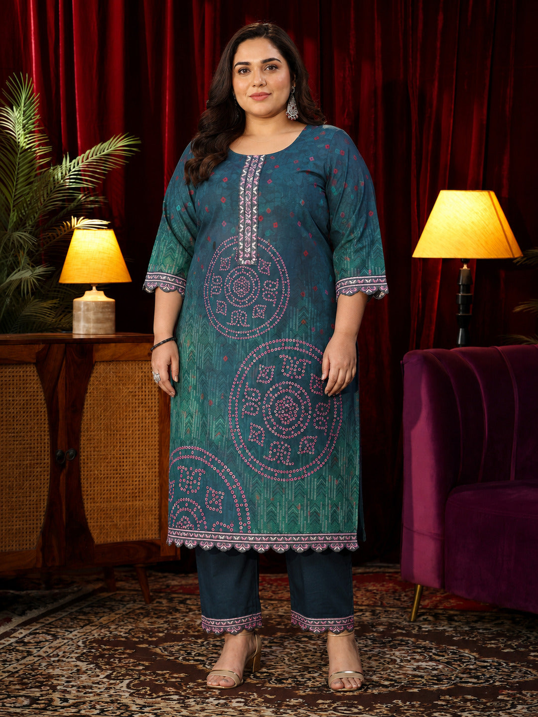  Plus Size Green Cotton Printed Straight Suit With Dupatta 