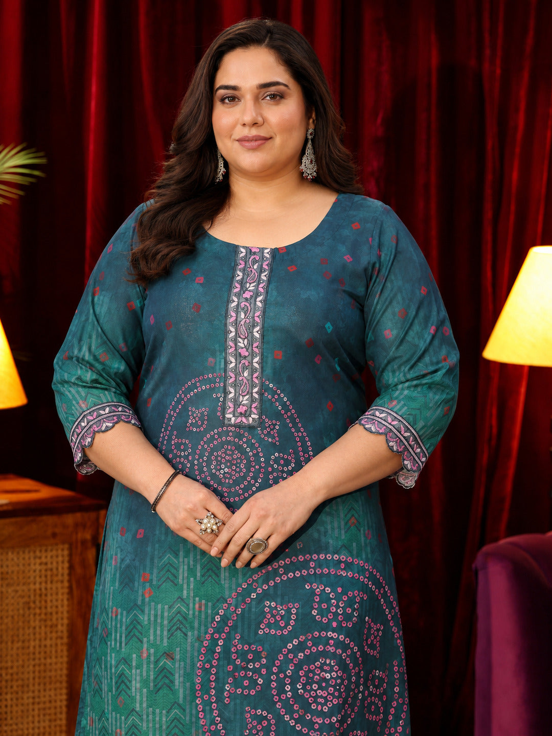  Plus Size Green Cotton Printed Straight Suit With Dupatta 