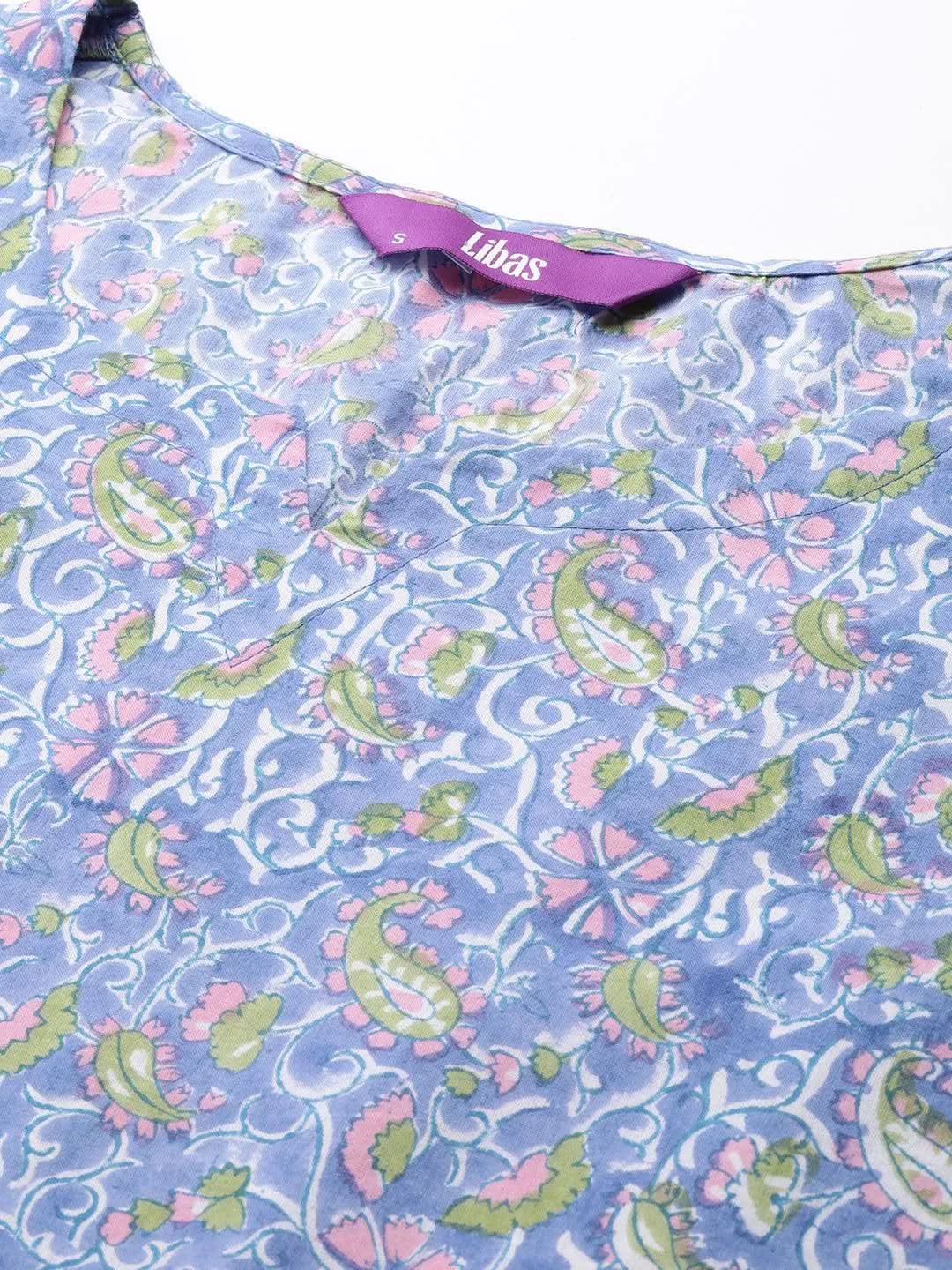 Blue Printed Cotton Night Suit - Libas 