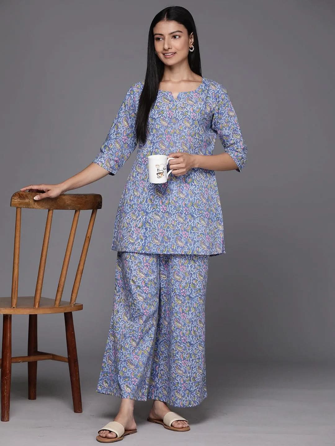  Blue Printed Cotton Night Suit 