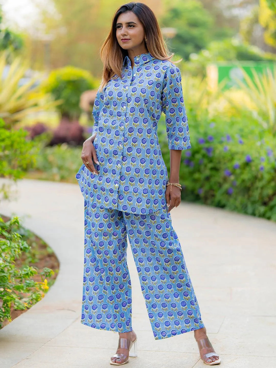 Blue Printed Cotton Night Suit - Libas