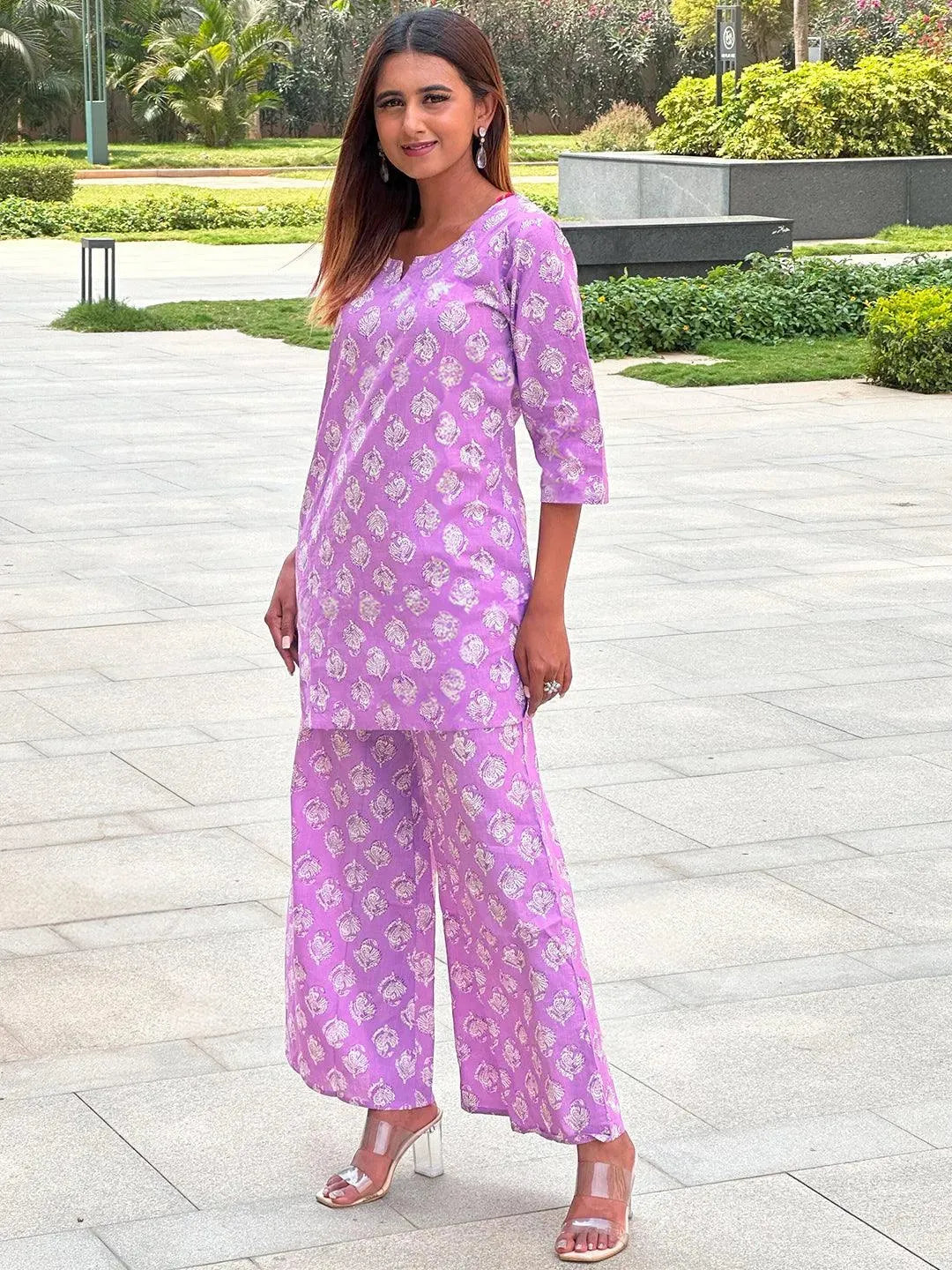 Lavender Printed Cotton Night Suit - Libas