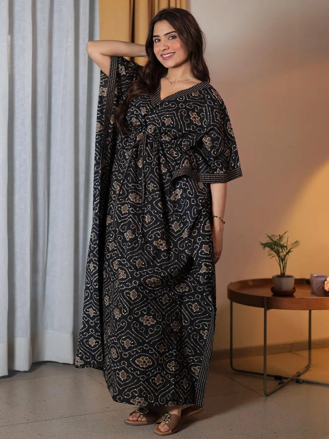 Black Printed Cotton Kaftan Night Dress