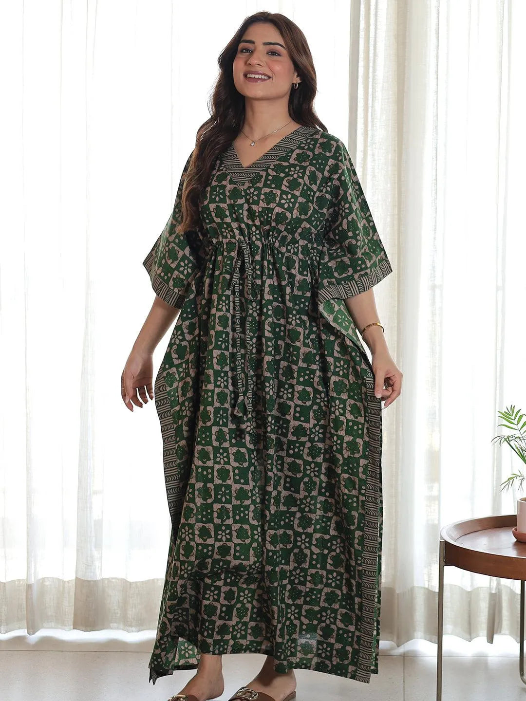 Green Printed Cotton Kaftan Night Dress - Libas