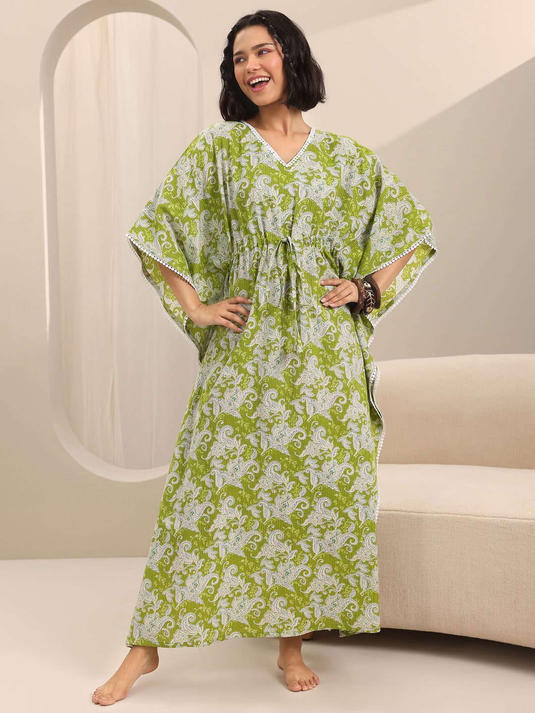  Green Printed Cotton Kaftan Night Dress 