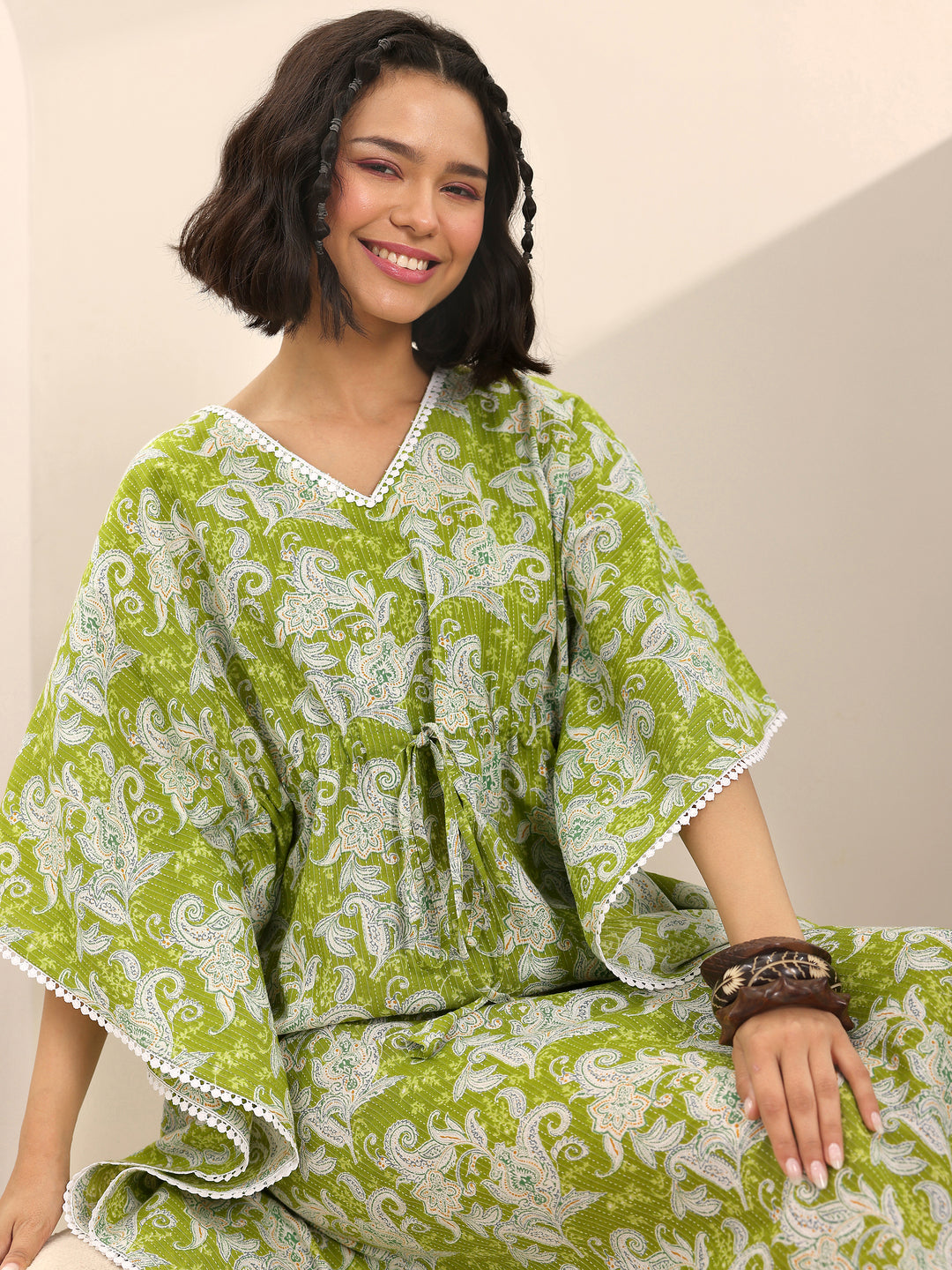  Green Printed Cotton Kaftan Night Dress 