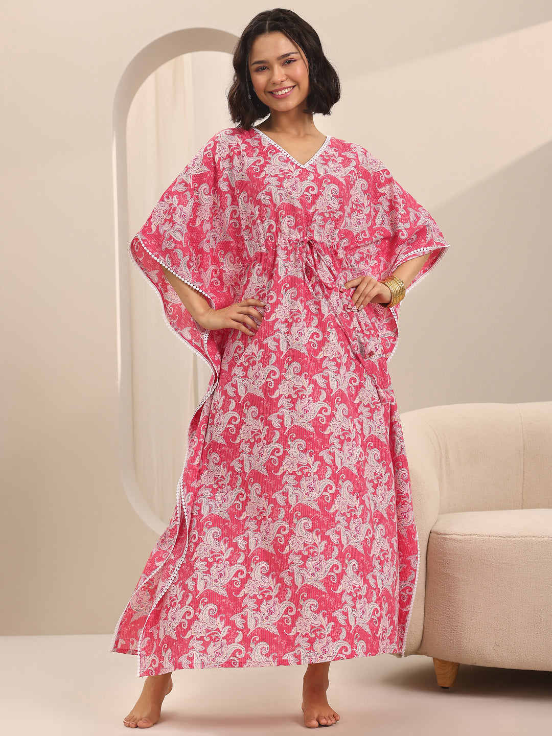  Pink Printed Cotton Kaftan Night Dress 