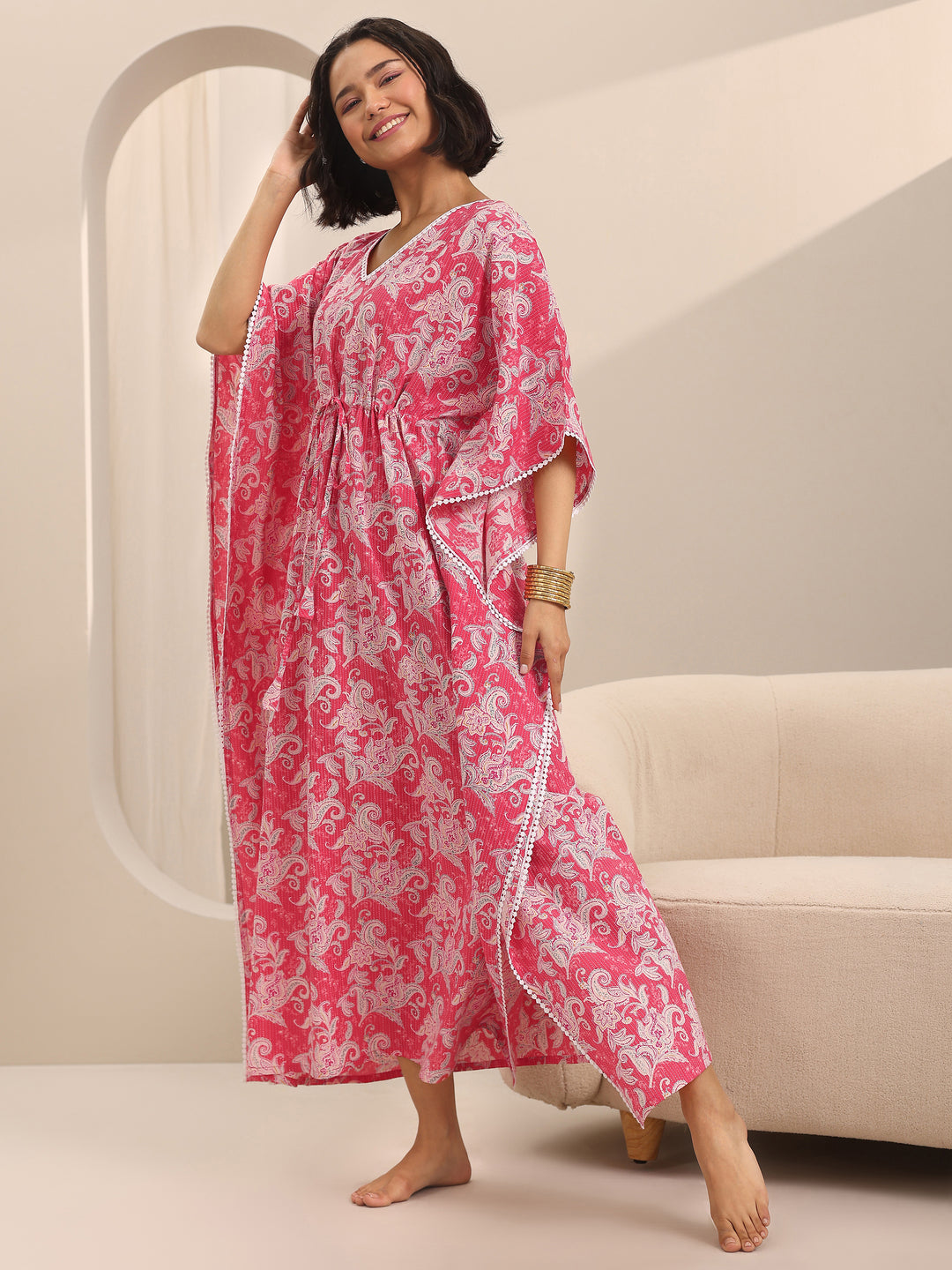  Pink Printed Cotton Kaftan Night Dress 