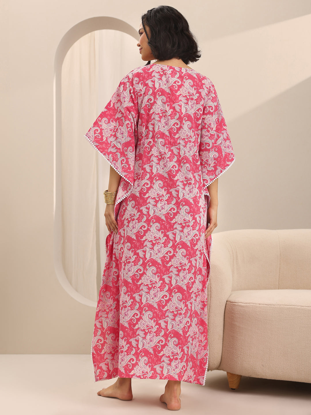  Pink Printed Cotton Kaftan Night Dress 