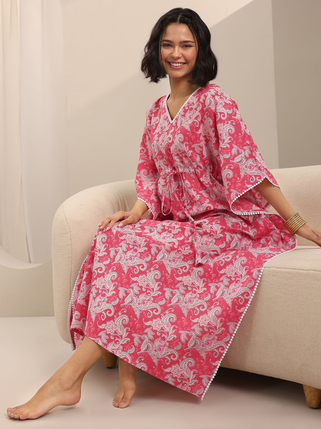  Pink Printed Cotton Kaftan Night Dress 